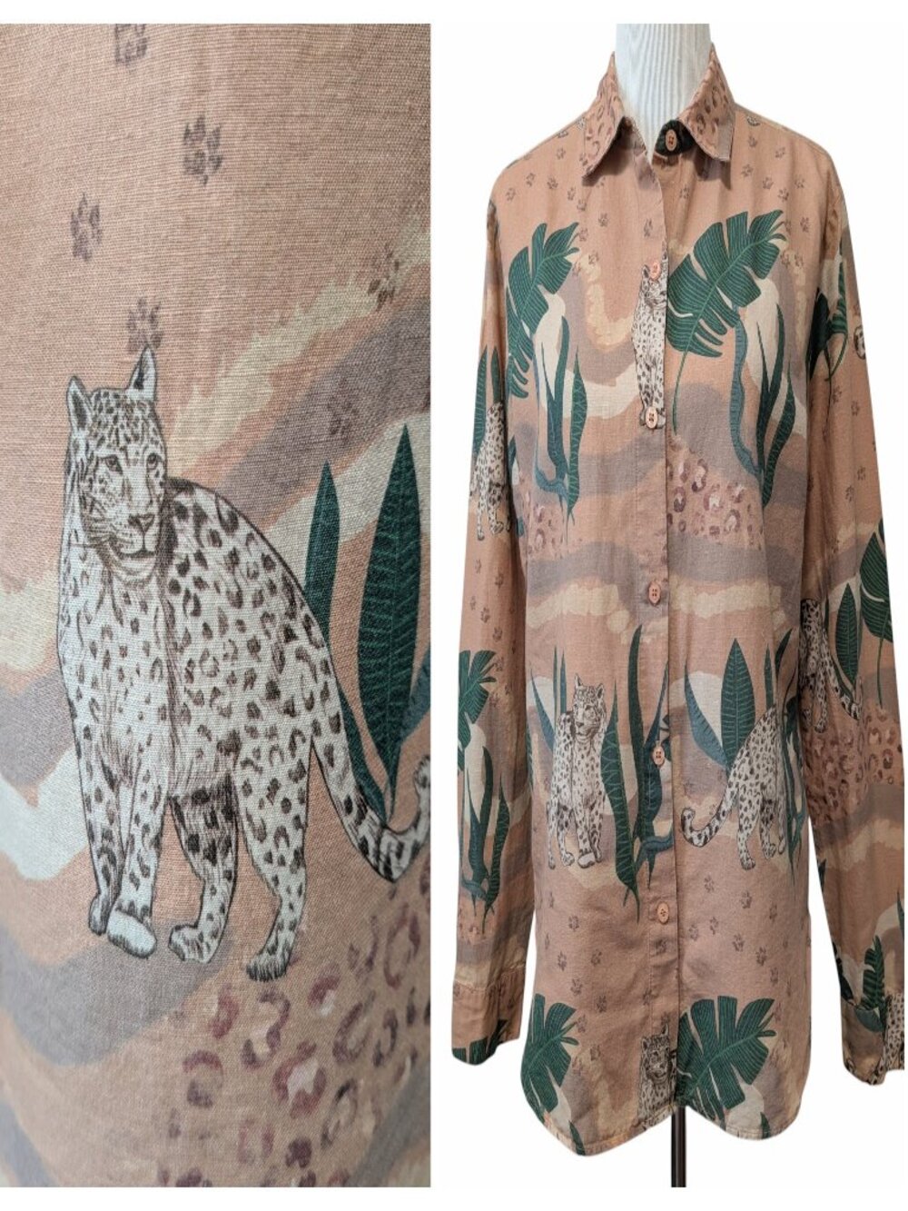 Las Surenas Womens Size XL Tan Jungle d'Amour Leopard Button Up Linen Blend Top